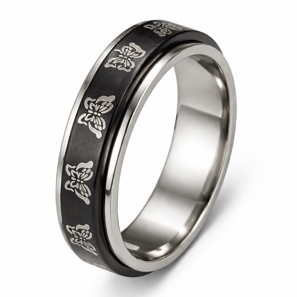 Black Butterfly Spinner Ring Stainless Steel Anxiety Band Silver Edge
